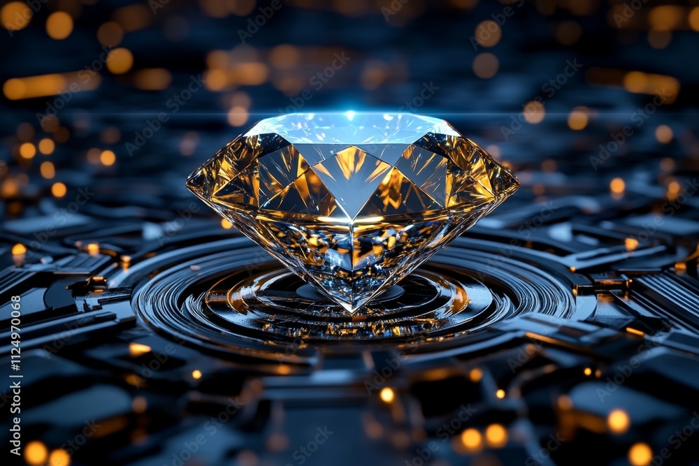 Poster a cyberpunk-themed depiction of a diamond embedded in a futuristic gadget, glowing neon blue and sur