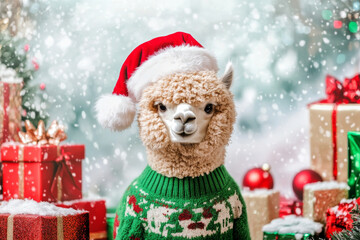 A fluffy alpaca in a green holiday sweater and Santa hat, surrounded by vibrant presents, glittering baubles, and a festive winter backdrop.