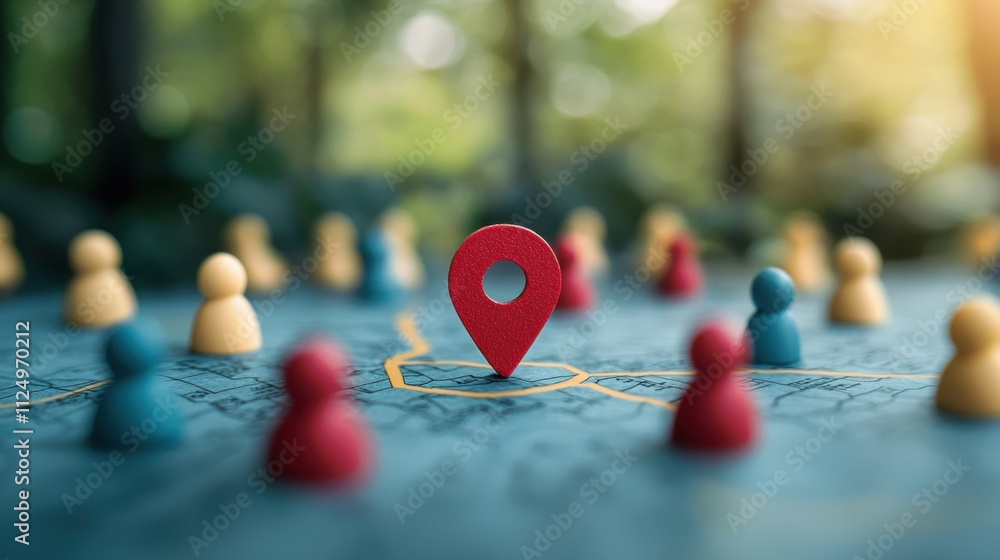 Poster a group of friends' profile pictures clustered around a location pin on a map, visualizing a social 