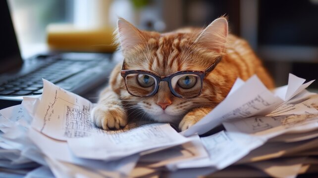 Adorable ginger cat peacefully sleeping on important papers and wearing glasses, symbolizing relaxation after a productive day funny meme style