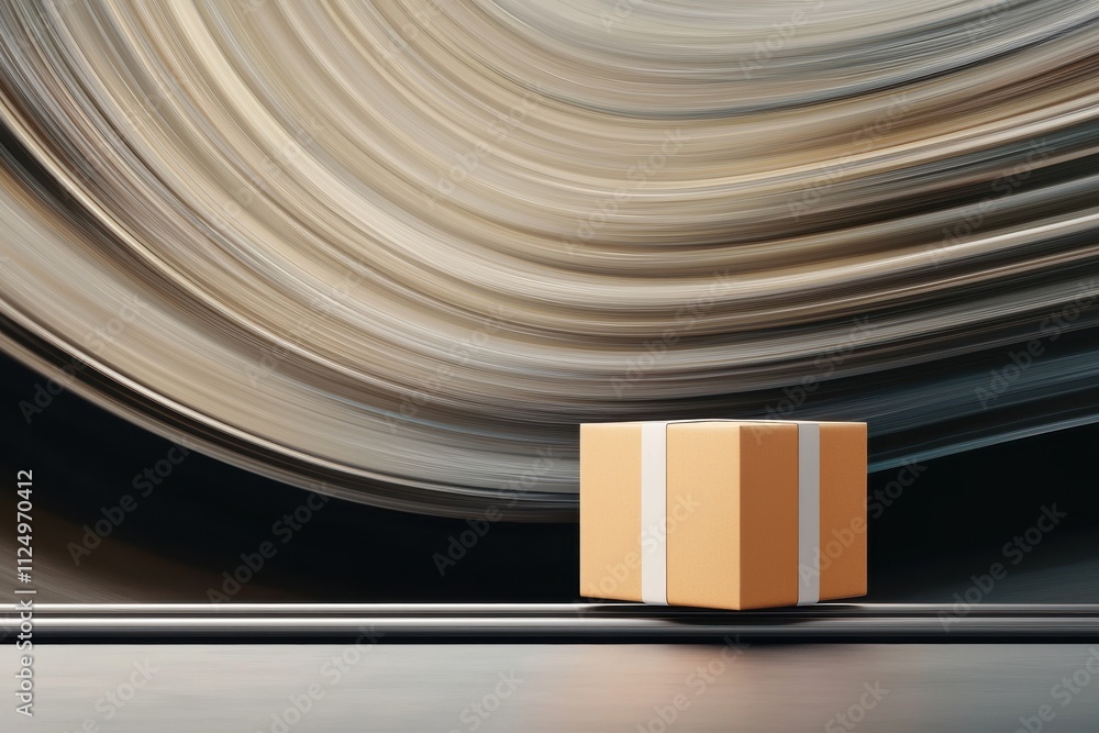 Poster a simple brown package is placed in front of a swirling abstract background, emphasizing themes of d