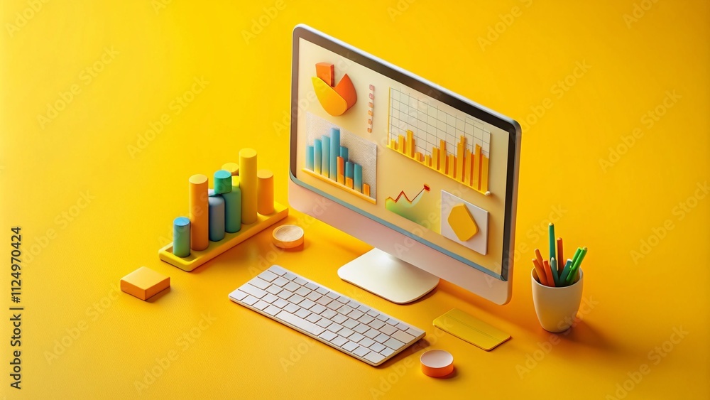 Poster cartoon computer with yellow background displaying graphs and designs in tilt-shift style for creati