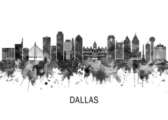 Dallas Texas Skyline BW, print poster travel art illustration urban modern downtown landmarks skyscrapers artwork architecture digital design 