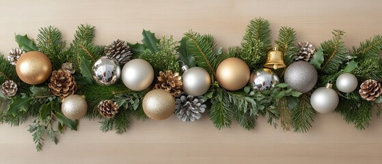 Create a warm Christmas atmosphere with gold and silver ornaments, bells, and lush greenery arranged on a light wooden surface, ideal for a holiday card design.