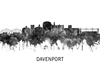 Davenport Iowa Skyline BW, print poster travel art illustration urban modern downtown landmarks skyscrapers artwork architecture digital design 
