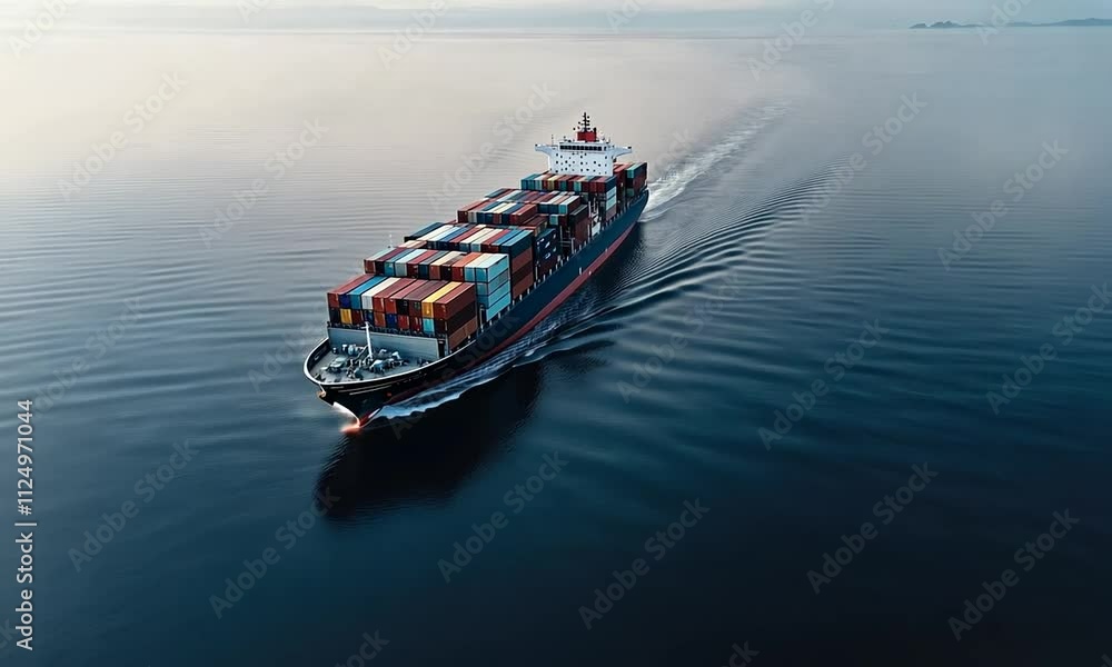 Aufkleber a large container ship sails through tranquil waters, surrounded by a hazy coastal backdrop during t
