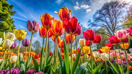 Obraz premium Multicolored tulips in full bloom under a bright blue sky
