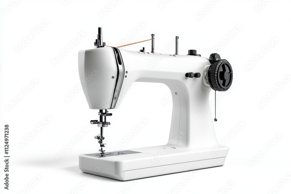 Poster a detailed view of a modern sewing machine, featuring adjustable settings and a sleek design, isolat