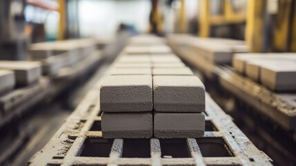 Concrete block production line, molds filled and compressed, blocks emerging in uniform shapes onto a curing rack
