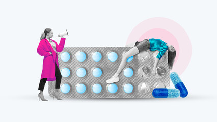 Contemporary art collage. Woman in vibrant coat holds megaphone, standing beside person sprawled on...