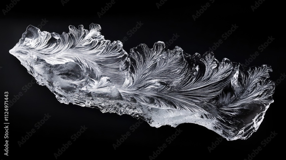 Poster a thin sheet of ice with delicate frost patterns, set against a black backdrop to emphasize its intr