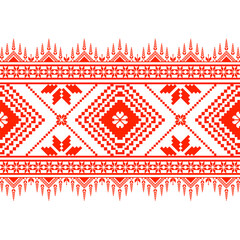 A red and white striped patterned fabric with a diamond shape design