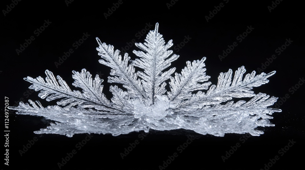 Poster a thin sheet of ice with delicate frost patterns, set against a black backdrop to emphasize its intr