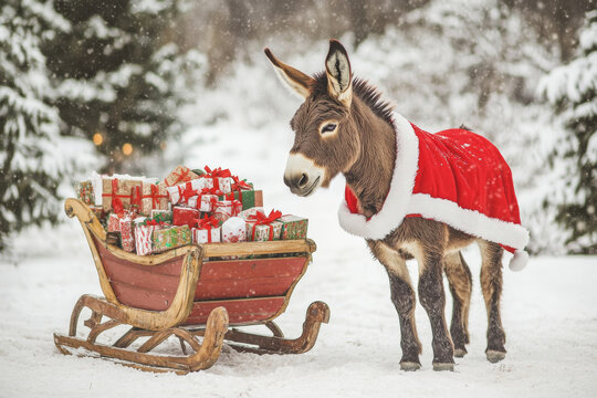 A holiday-themed picture of a donkey dressed in a Santa suit, standing beside a sleigh filled with gifts, perfect for rustic holiday cards.