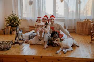 Family with child and two dogs at home on bed by Christmas tree