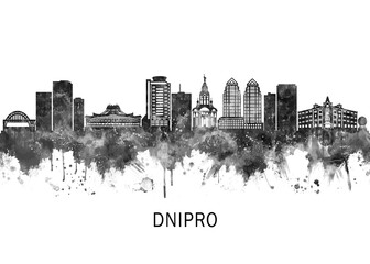 Obraz premium Dnipro Ukraine Skyline BW, print poster travel art illustration urban modern downtown landmarks skyscrapers artwork architecture digital design 