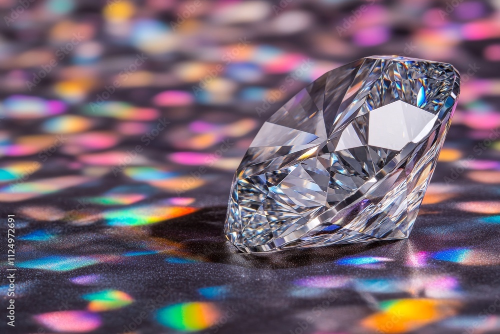 Poster a dynamic image of a diamond glistening under a beam of light, with prismatic colors scattered on a 