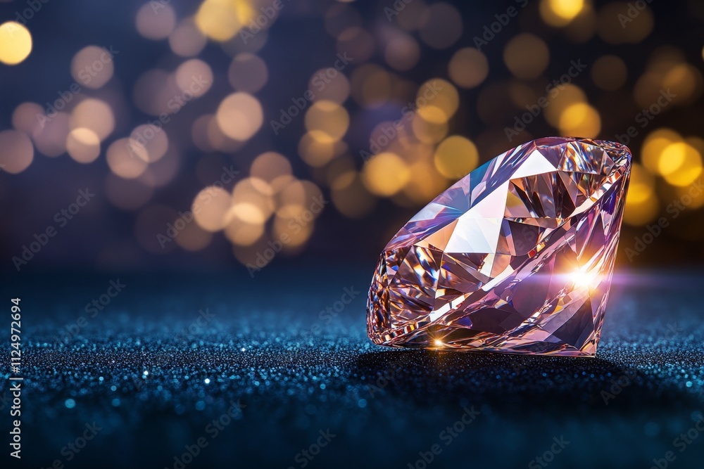 Poster a dynamic image of a diamond glistening under a beam of light, with prismatic colors scattered on a 