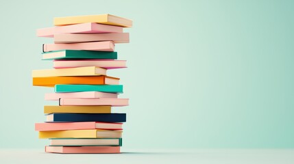 A tall, teetering stack of books with brightly colored covers, each featuring unique illustrations and typography, against a simple, neutral background.