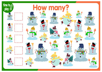 Christmas counting game. Winter math lesson for preschool children. How Many Objects Worksheet. Educational riddle with cute funny pictures. New Year. Christmas	
