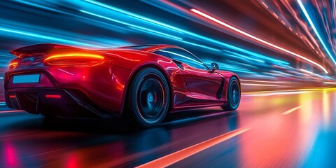 Fototapeta premium futuristic car driving through a neon-lit highway in the rain, Generative AI