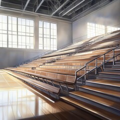 Fototapeta premium A bright, spacious gymnasium with wooden bleachers under large windows, creating a welcoming atmosphere for sports and events.