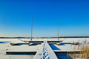 Boat on the Lake - Winter - Snow - Cold - Landscape - Ice - Sailboat - Jetty - Moorings - Sea -...