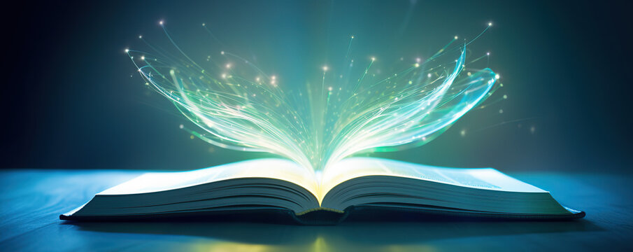 Open book releases magical light and energy in a dark space, inviting exploration and imagination