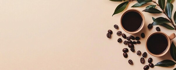 Obraz premium Two coffee cups and coffee beans with green leaves on beige background