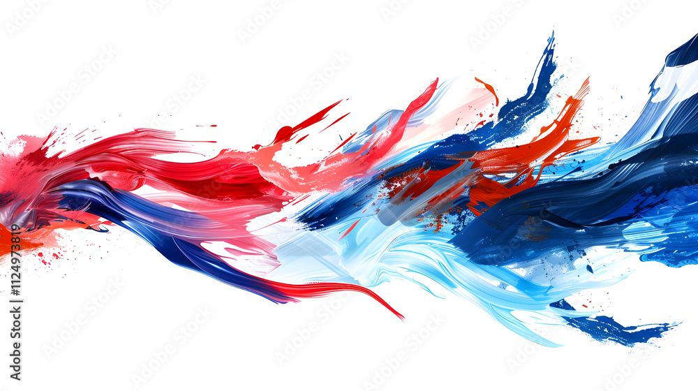 Poster abstract colorful paint strokes flowing dynamically on white background.