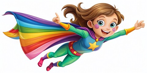 Cartoon Vector of a Flying Brown-Haired Girl in Colorful Superhero Costume for Kids’ Parties, Invitations, and Mascots on a White Background