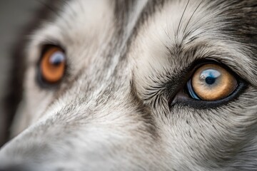 Intense close-up of a husky&rsquo;s heterochromatic eyes, showcasing one blue and one brown eye, framed by soft fur texture for a striking animal portrait.
