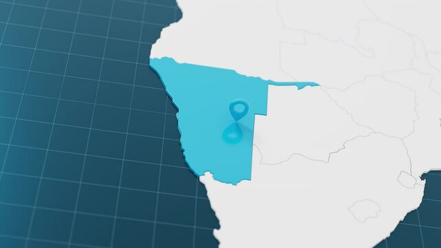Highlight with blue of Namibia 3d map with pointer pin surrounded with other countries in white. Europe political map with borders animation. 3d render