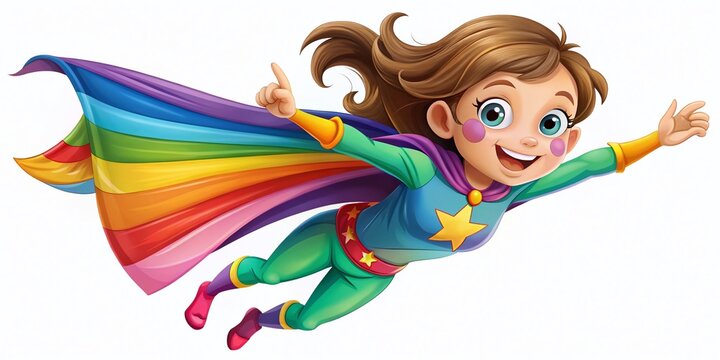 Cartoon Vector of a Flying Brown-Haired Girl in Colorful Superhero Costume for Kids’ Parties, Invitations, and Mascots on a White Background