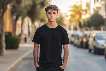 Fototapeta premium Young man wearing black t-shirt on street in daylight, Shirt mockup template on hipster adult for design print, Male guy wearing casual t-shirt mockup placement