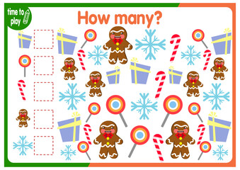 Fototapeta premium Christmas counting game. Winter math lesson for preschool children. How Many Objects Worksheet. Educational riddle with cute funny pictures. New Year. Christmas 