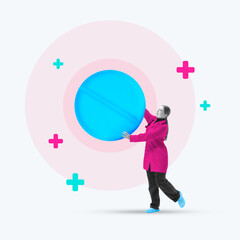 Contemporary art collage. Figure interacts with giant glowing blue circle, merging playful design with theme of exploration and balance in medical science. Concept of seasonal ill, pharmaceutical