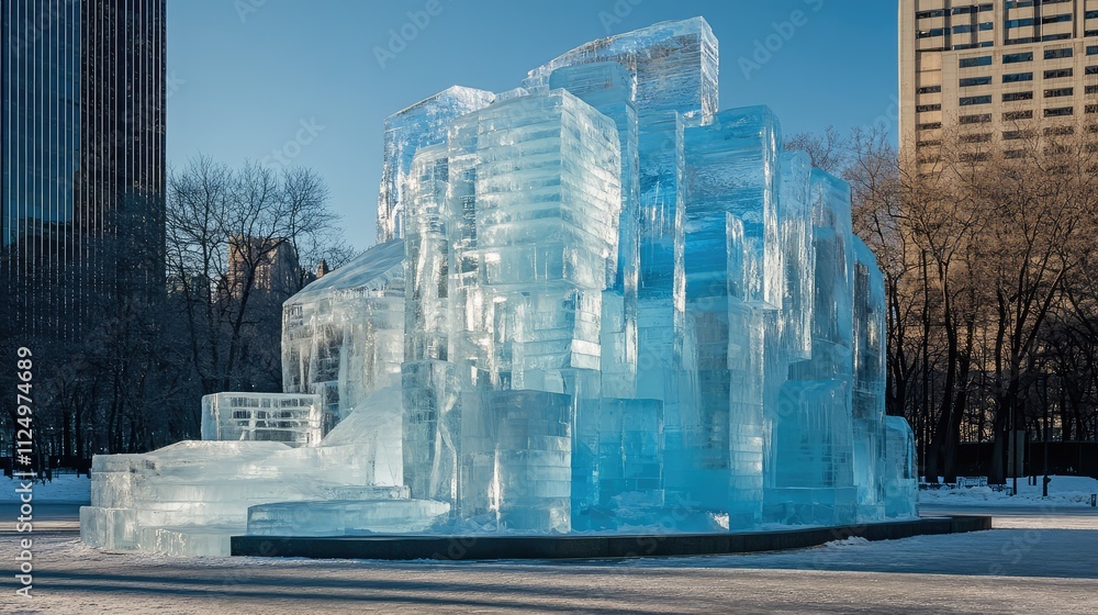 Poster a towering ice structure installed in an open space, with large frozen blocks creating an architectu