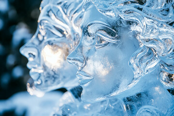 Close-up of two intricately carved ice sculptures depicting human faces, showcasing detailed features and a shimmering, translucent quality.