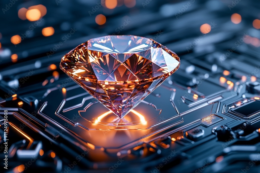 Poster a futuristic depiction of a diamond floating in a holographic display, surrounded by digital readout