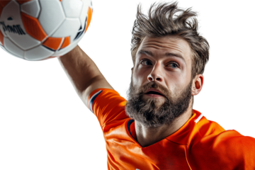 Close up of  young handball player in action, isolated on white background.