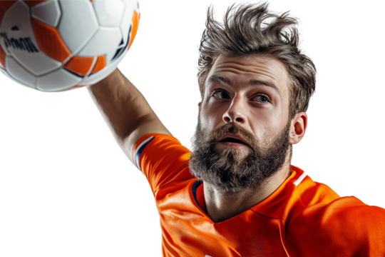 Close up of  young handball player in action, isolated on white background.