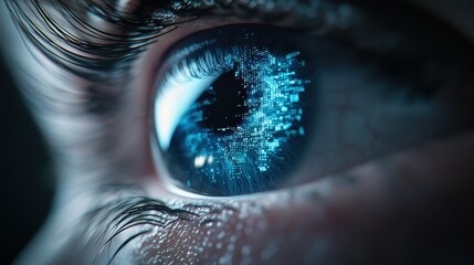 A glowing blue eye superimposed on a digital interface with data streams and algorithms, showcasing the use of eye scans in advanced security systems.