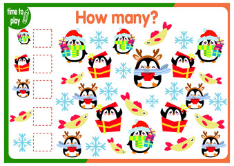 Christmas counting game. Winter math lesson for preschool children. How Many Objects Worksheet. Educational riddle with cute funny pictures. New Year. Christmas	
