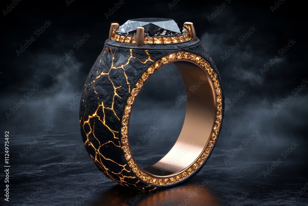 Poster a gothic depiction of a diamond set into a dark, ornate ring, surrounded by shadowy lighting and a m
