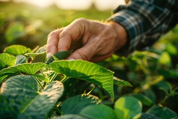 Farmer examining soybean plants in the field