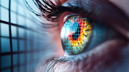 A close up shot of a human eye with a digital grid projected over it, illustrating the concept of eye tracking technology for user interface design.