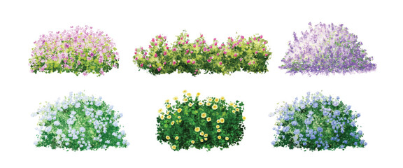 Set of flower bushes watercolor illustration on white background