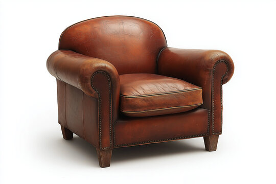 Photographie studio d'un fauteuil club en cuir au design classique, &eacute;l&eacute;gant et confortable, sur fond blanc