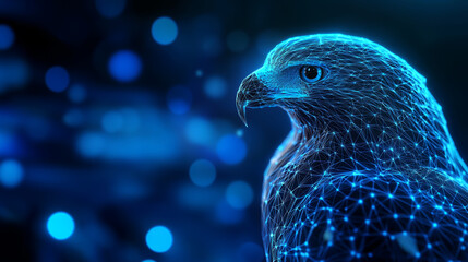 Obraz premium A digital representation of a majestic hawk surrounded by glowing blue dots in a dark setting